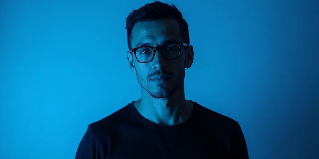 a man with glasses and a black shirt on a blue background with a black and white photo of him, Carlo