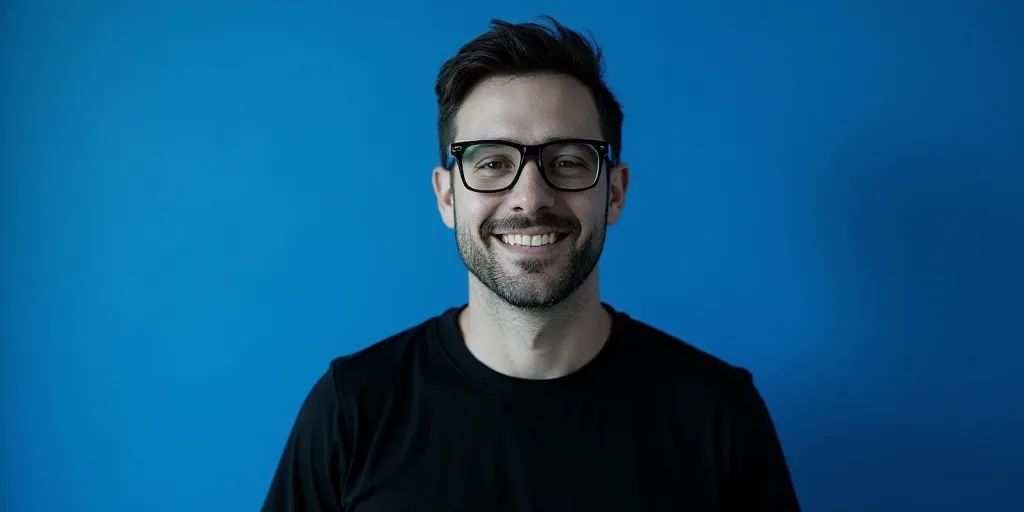 a man with glasses and a black shirt on a blue background with a black and white photo of him, Carlo