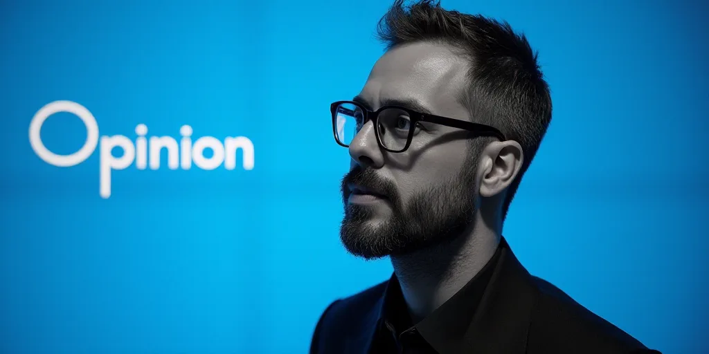 a man with glasses and a blue background with the words opinion on it, and a black and white photo o