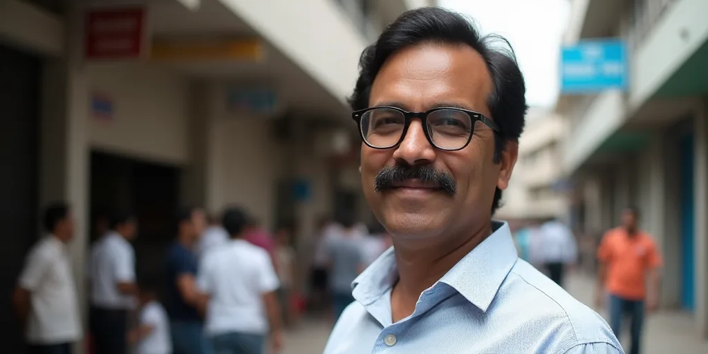 a man with glasses and a mustache standing in front of a building with people in the background and