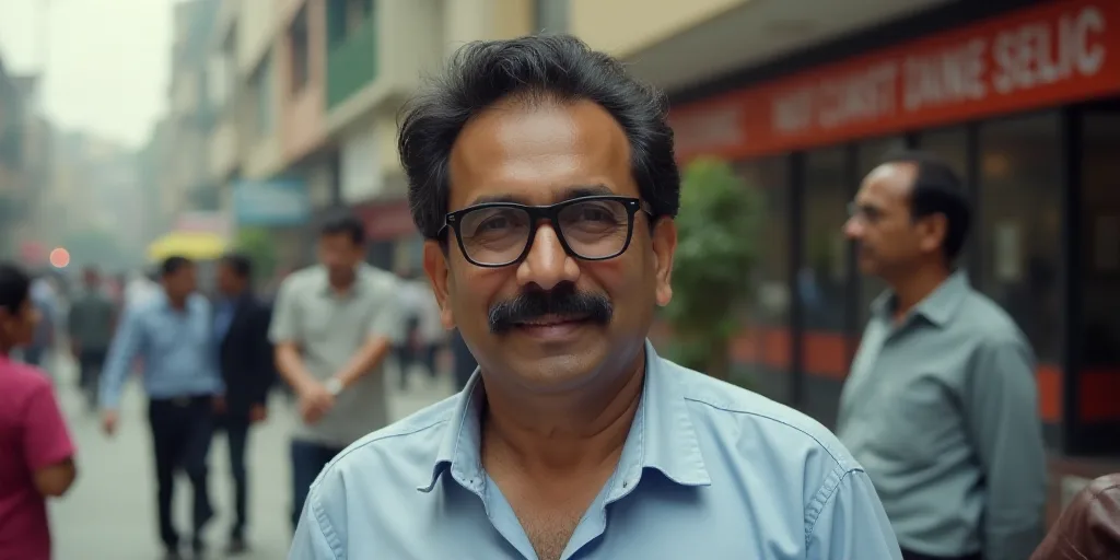 a man with glasses and a mustache standing in front of a building with people in the background and