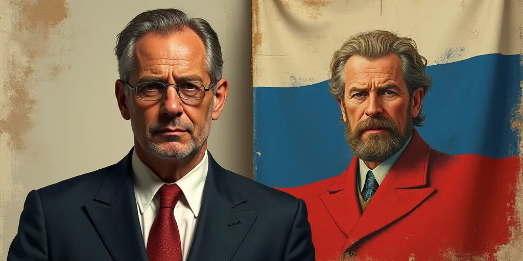 a man with glasses and a tie standing next to a flag with a picture of a man on it, Charles Roka, za