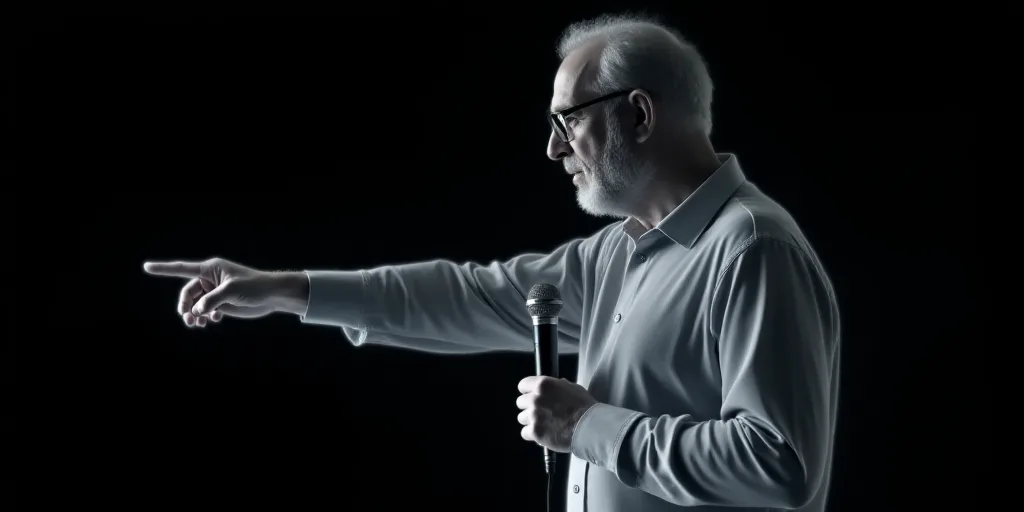 a man with glasses holding a microphone in his hand and pointing to the side with his right hand and