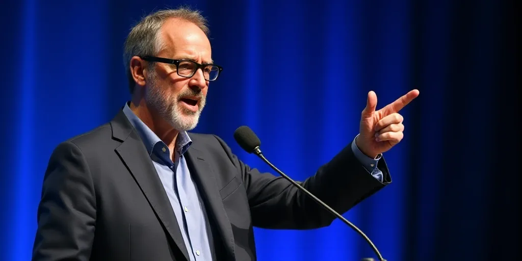 a man with glasses is making a point with his finger while standing in front of a blue background an