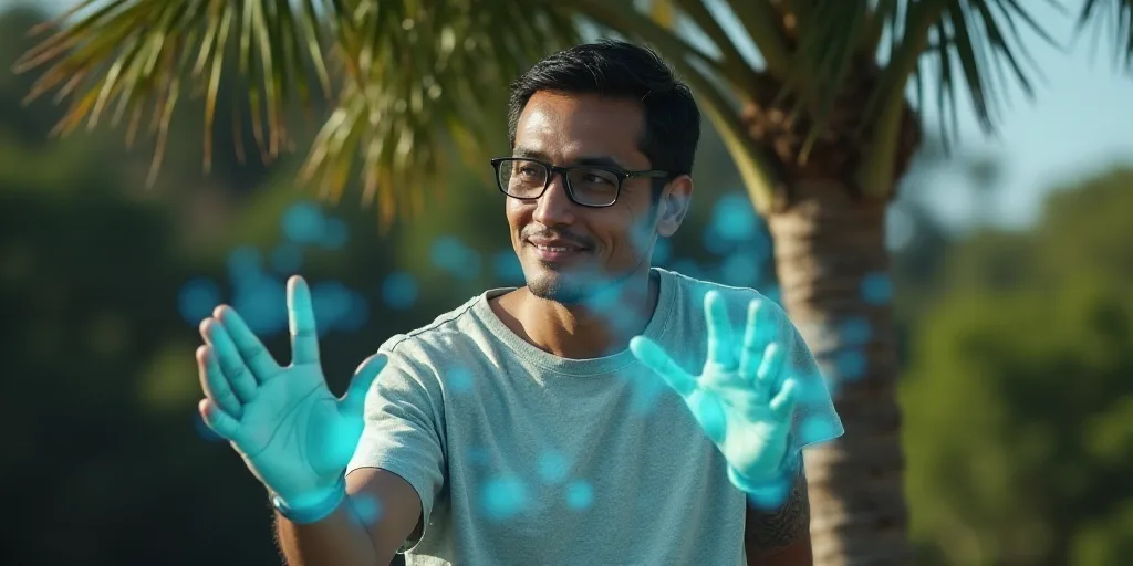 a man with glasses is making a gesture with his hands while standing in front of a tree and a palm t
