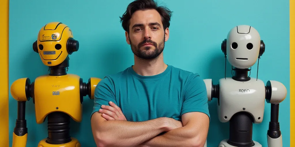 a man with his arms crossed in front of a blue background with a yellow border and a black and white