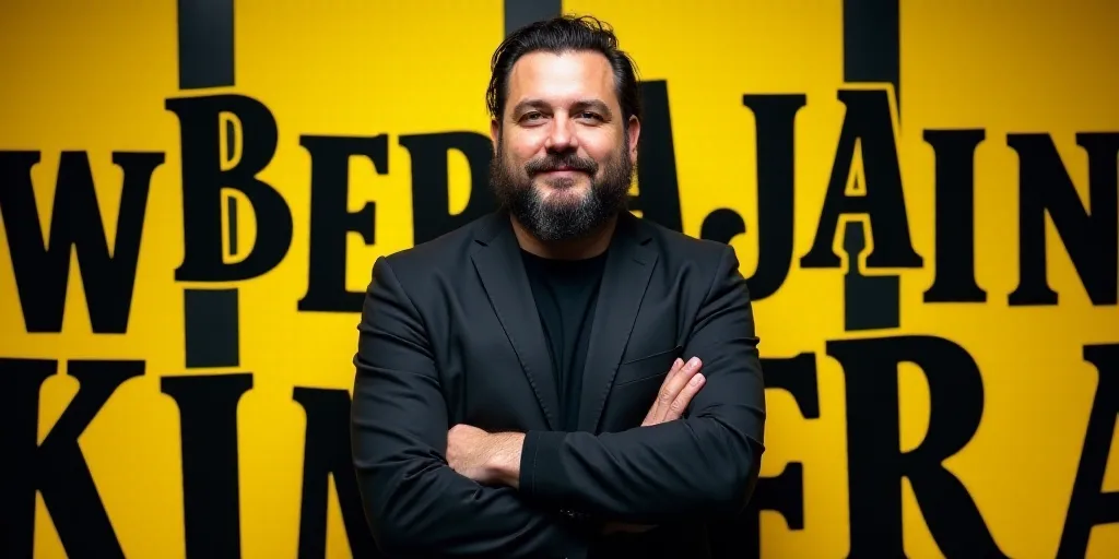 a man with his arms crossed standing in front of a black and yellow background with the words benjam
