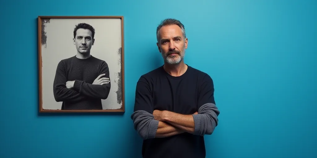 a man with his arms crossed standing in front of a blue background with a black and white photo of h