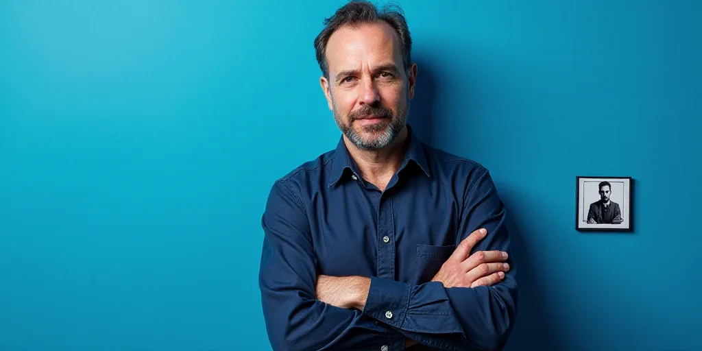 a man with his arms crossed standing in front of a blue background with a black and white photo of h