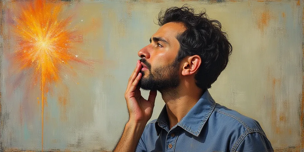 a man with his hand on his face looking up at something in the air with his hand on his mouth, Antô