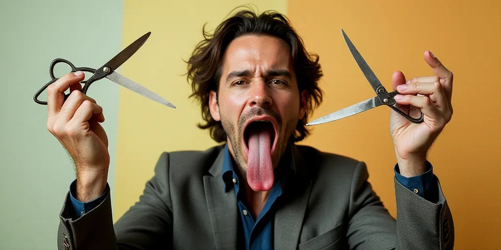 a man with scissors in his hands and his tongue out in front of him, with his mouth open, Estuardo M