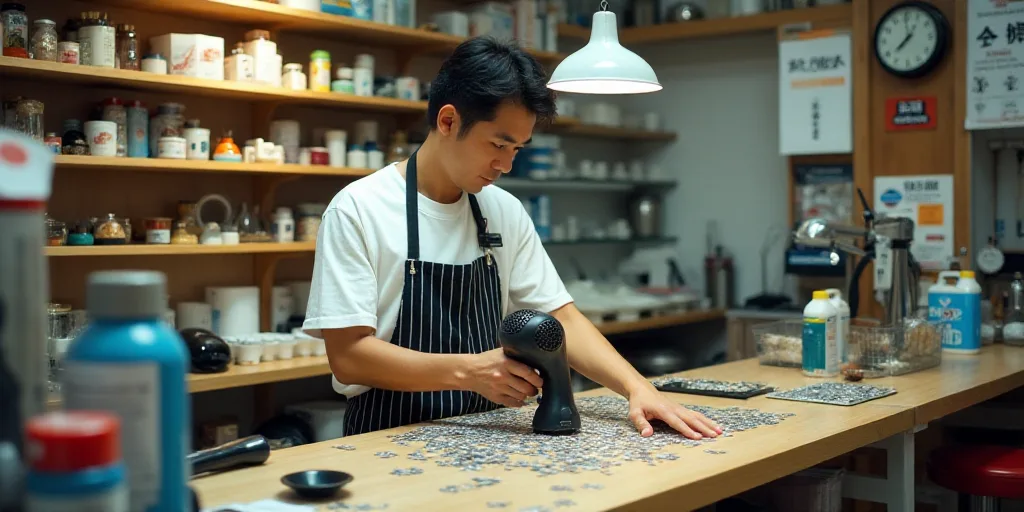 a man working in a store with a lot of items on the counter and a large blow dryer, Aya Goda, japan,