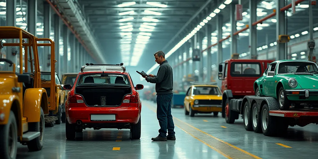 a man working on a car in a factory with a car being assembled on a machine and a car being assemble