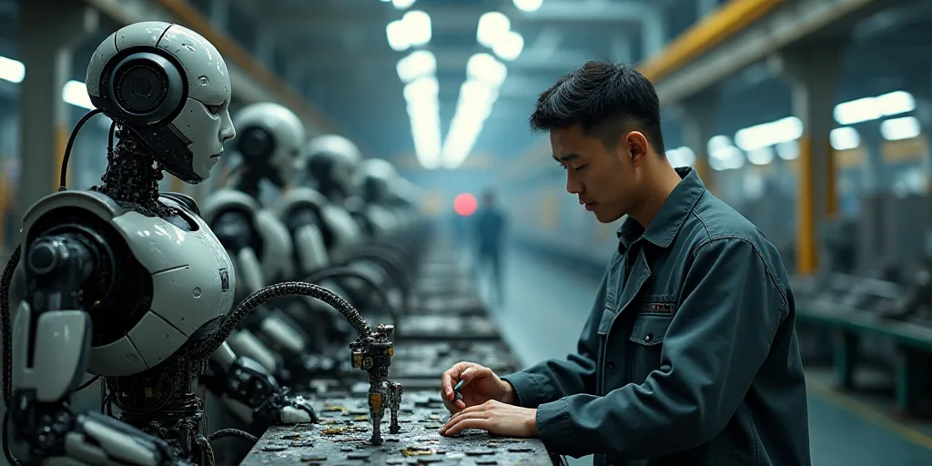 a man working on a machine in a factory with lots of machines in the background and a man in the for