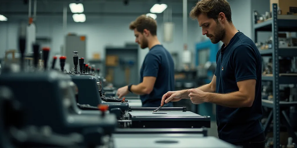 a man working on a machine in a factory with another man in the background looking at the machine an