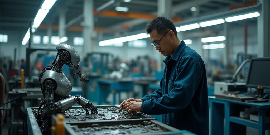 a man working on a machine in a factory with lots of machines in the background and a man in the for