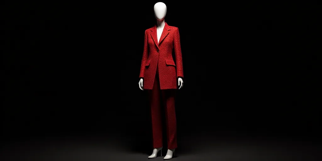 a mannequin dressed in a red leopard print coat and matching pants stands in front of a black backgr