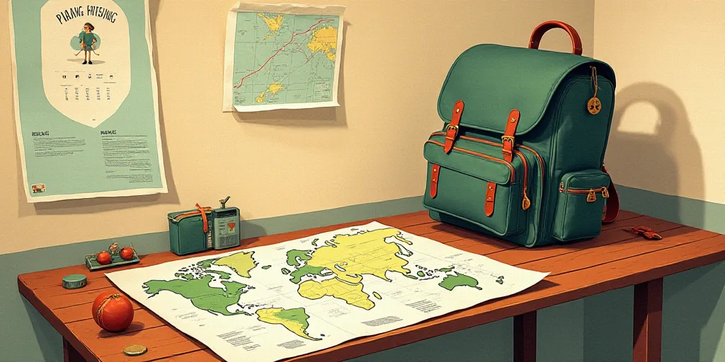 a map, a backpack and a backpack on a table with a bag on top of it and a map, Art & Language, offse