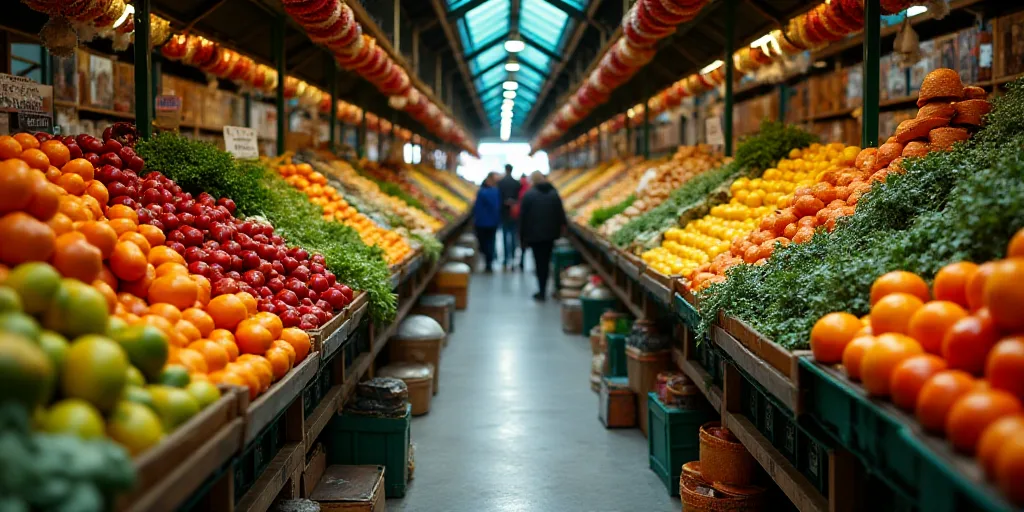 a market with a variety of fruits and vegetables on display and people shopping in the background at