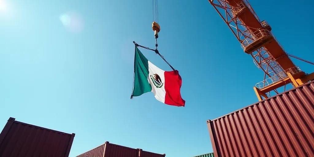 a mexican flag hanging from a crane in a container yard with a blue sky in the background and a few