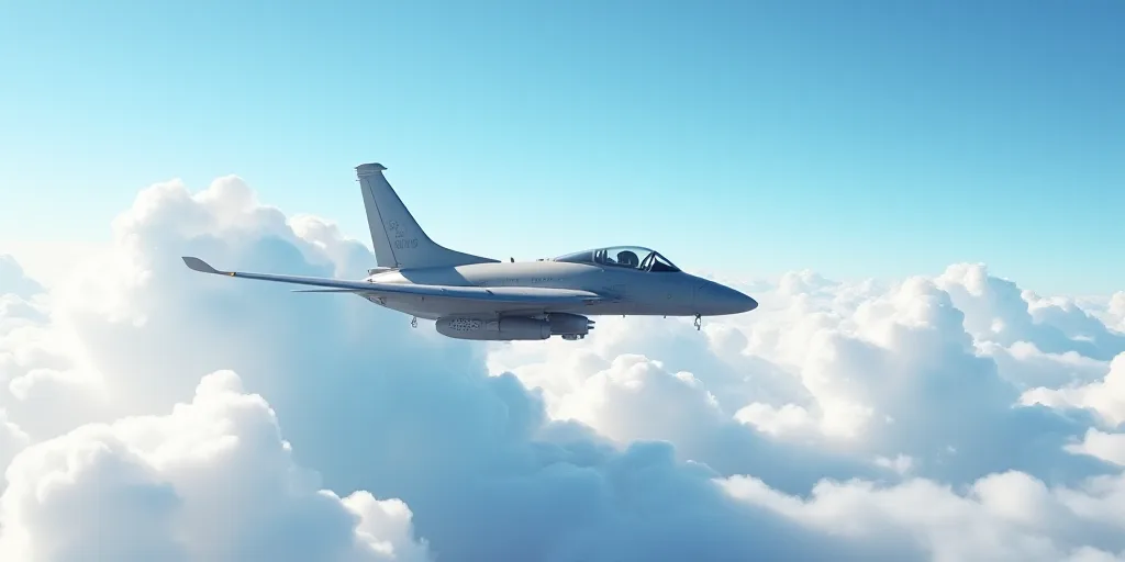 a military plane flying through the clouds in the sky with a blue sky background and white clouds be