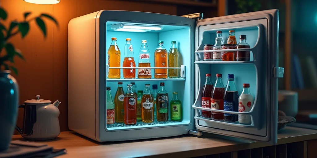 a mini fridge with a variety of drinks in it's door and shelves with drinks in it's doors, Évariste