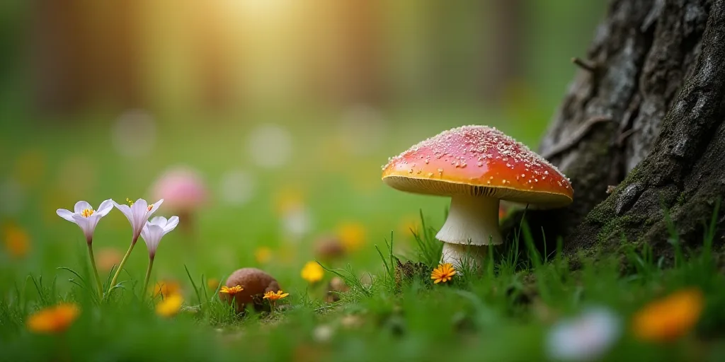 a mushroom sitting in the grass near a tree branch and flowers in the background, with a blurry back