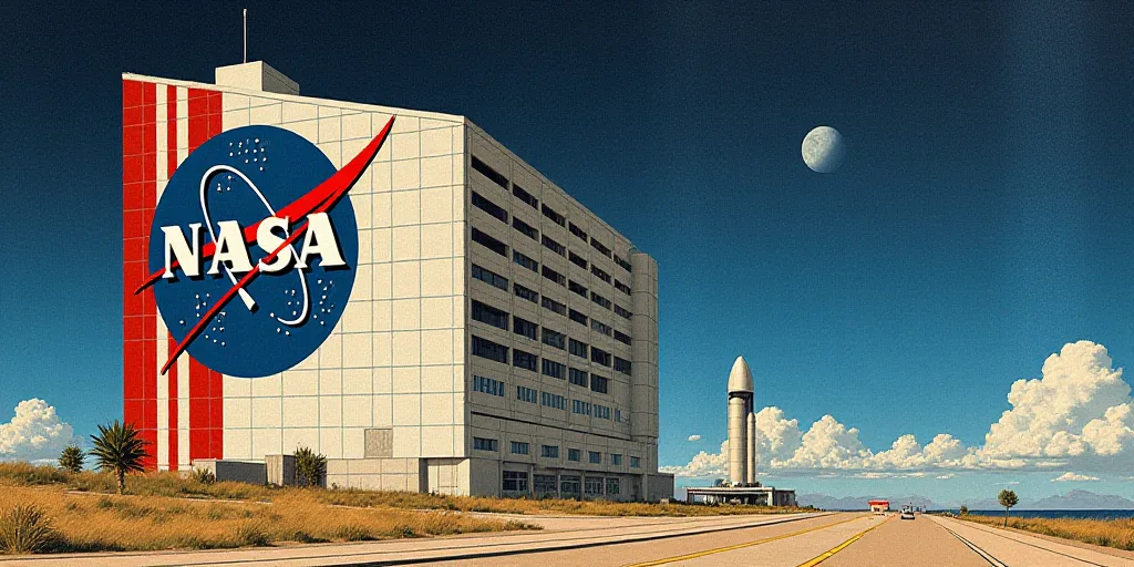 a nasa logo on a building with a red and white stripe on it's side and a blue circle with a red stri