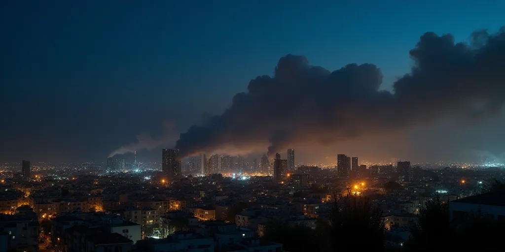a night time view of a city with a lot of lights and a lot of smoke coming out of the sky, Bouchta E