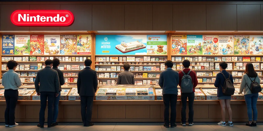 a nintendo store with a bunch of advertisements on the wall and people standing around the store are