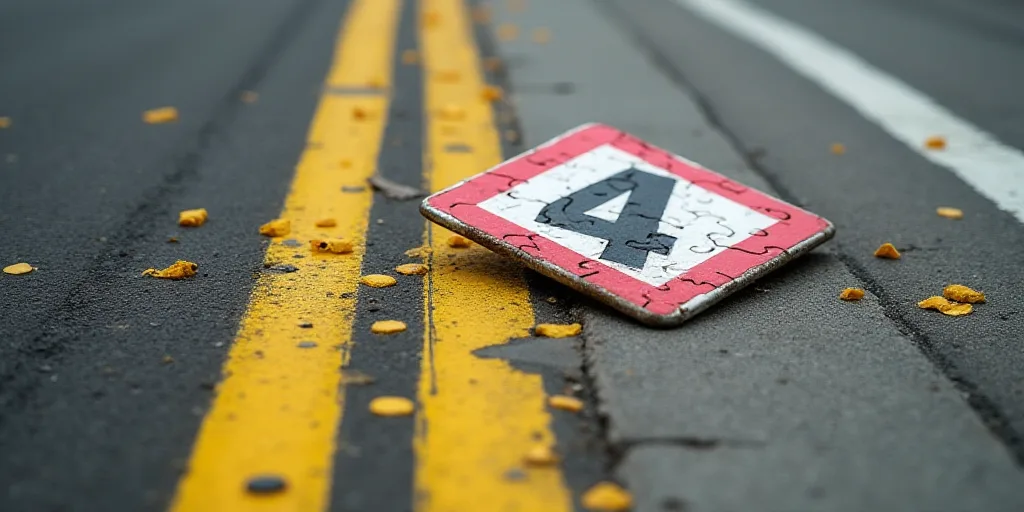 a number four sign laying on the ground next to a street sign that says 4 on it and yellow markers,
