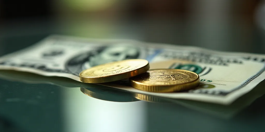 a one dollar bill and a gold and silver coin on a reflective surface with a reflection of the dollar