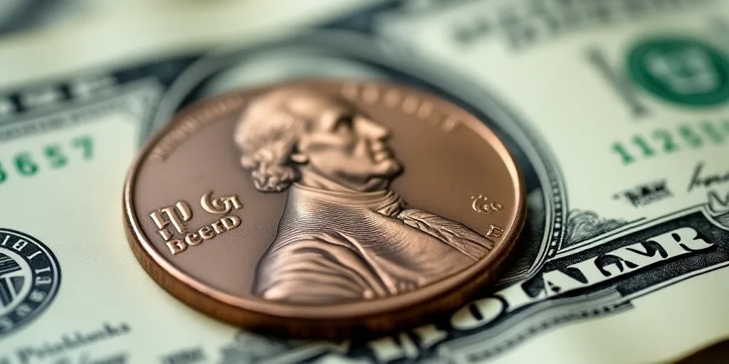 a one dollar bill with a penny on top of it, with the image of george washington on it, Benjamin Fra