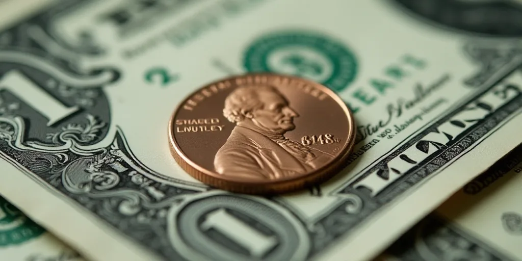 a one dollar bill with a penny on top of it, with the image of george washington on it, Charles Frem
