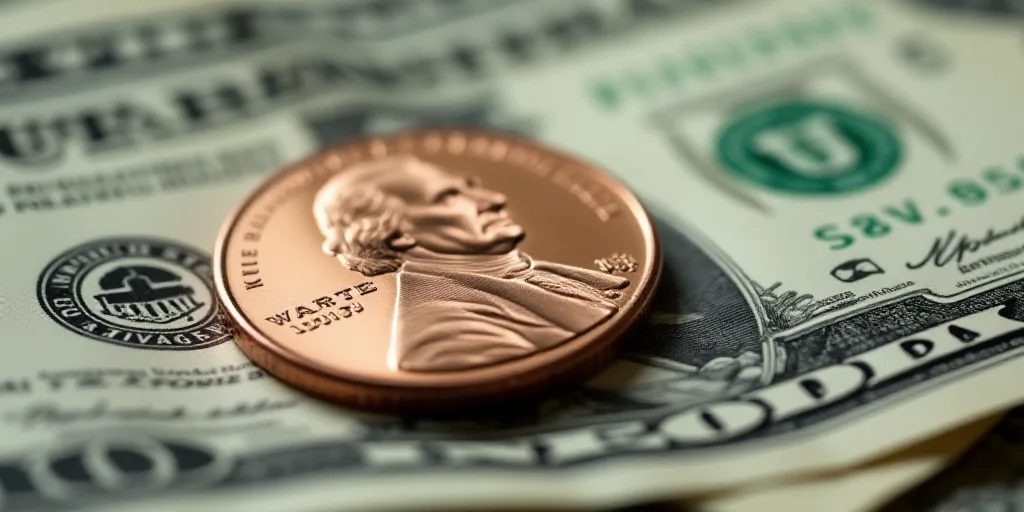 a one dollar bill with a penny on top of it, with the image of george washington on it, Charles Frem