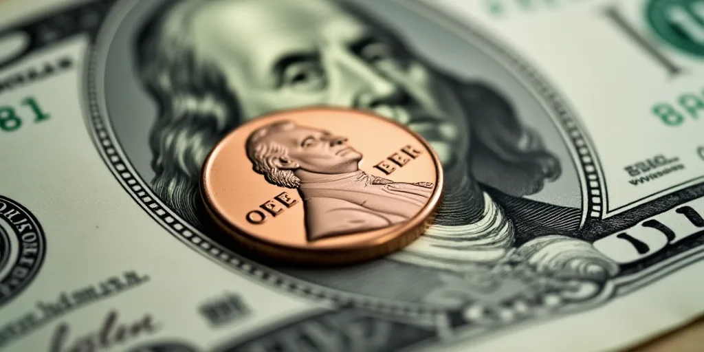 a one dollar bill with a penny on top of it, with the image of george washington on it, Benjamin Fra