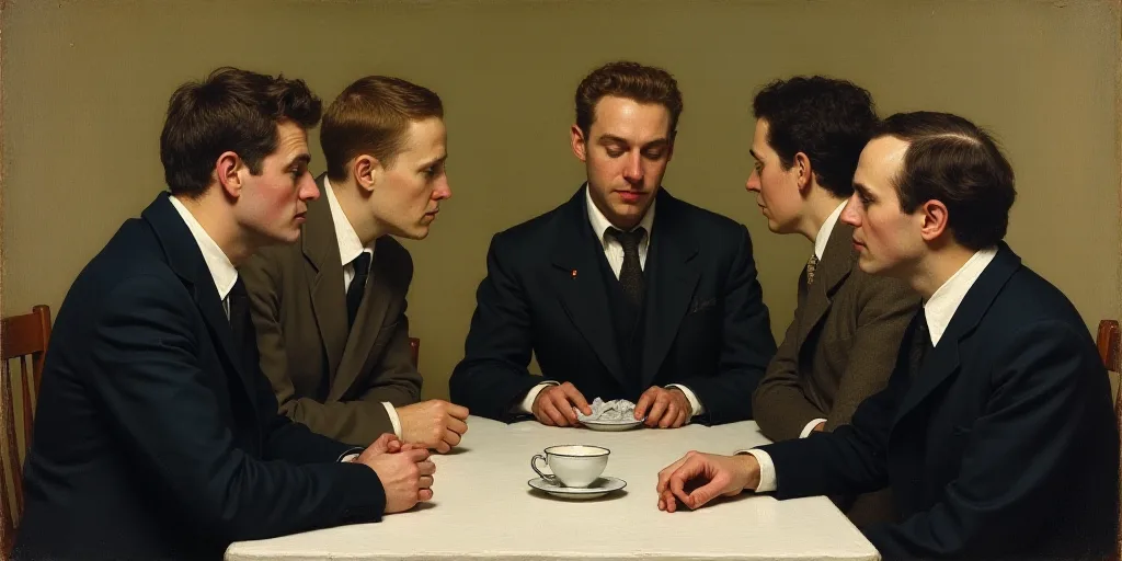 a painting of a group of people sitting around a table with a cup of coffee in front of them, Albin