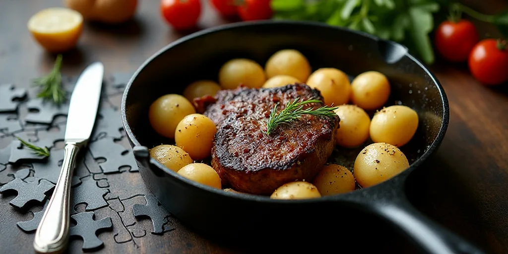 a pan filled with steak and potatoes on a table top with a fork and knife next to it and a knife, Ed