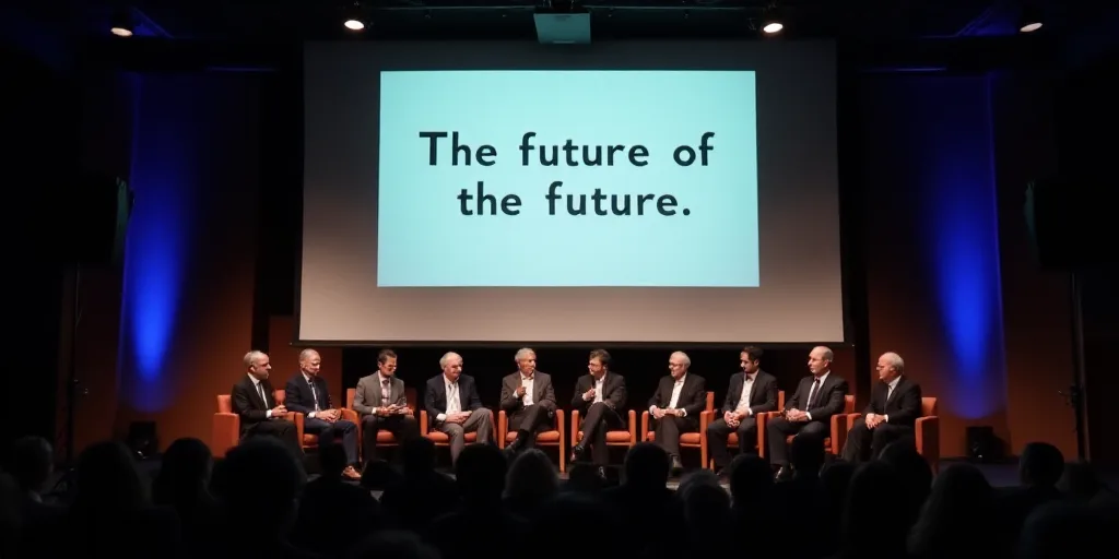 a panel of people sitting on stage at a conference with a screen behind them that says, the future o
