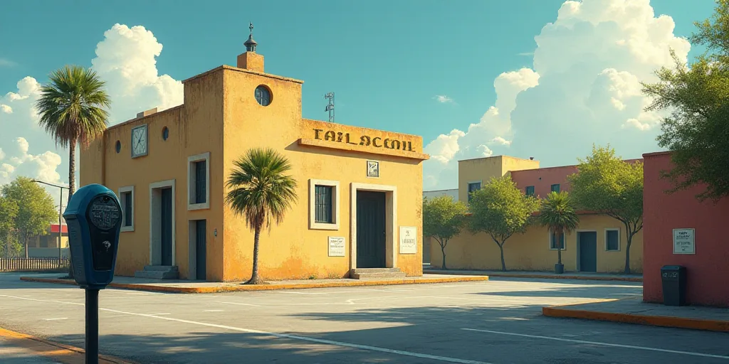 a parking lot with a parking meter and a building in the background with a clock on it's side, Engue