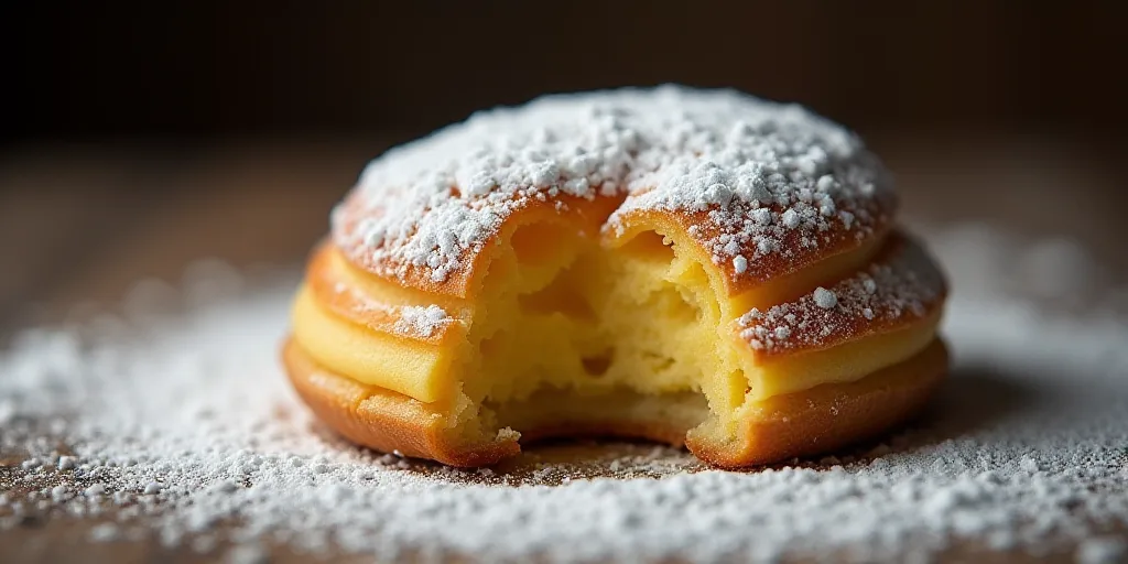 a pastry with a bite taken out of it sitting on a table with powdered sugar on top of it, Colijn de