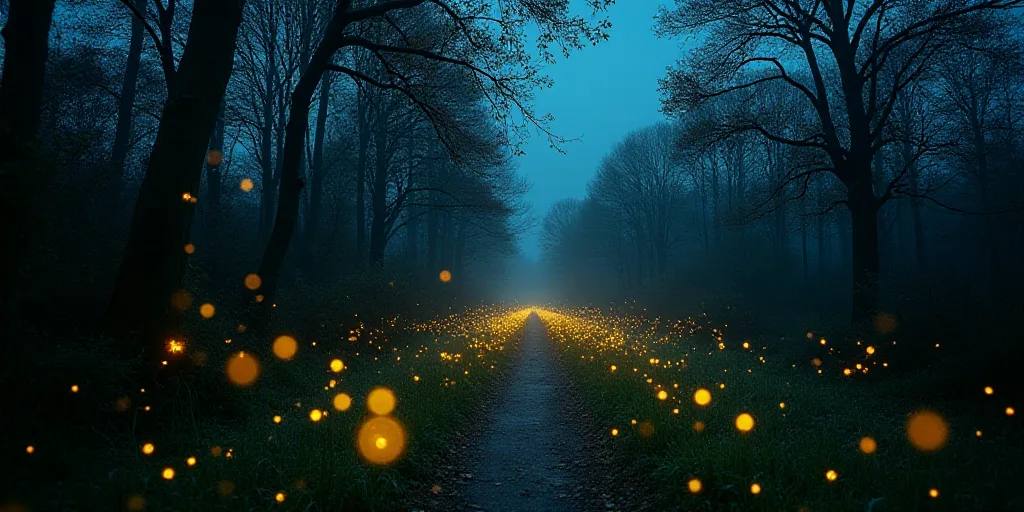 a path in the woods with fireflies in the sky at night time, with trees in the background, Bruce Mun