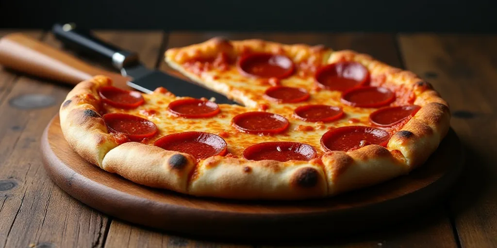 a pepperoni pizza with a slice missing from it on a wooden platter with a knife in it, Conrad Marca-