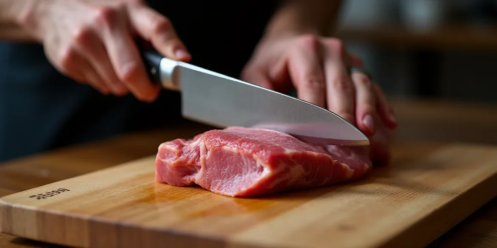 a person cutting up a piece of meat with a knife on a cutting board with a knife in it, Christian Hi