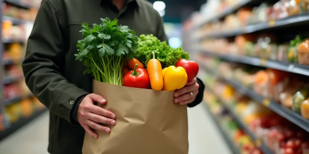 a person holding a bag of fruit and vegetables in a grocery store aisle with a display of shelves of