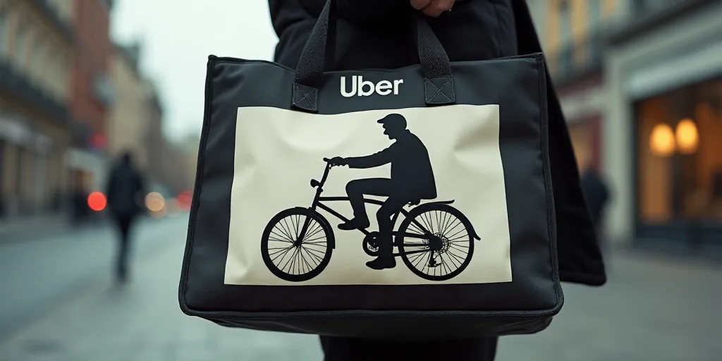 a person holding a bag with a picture of a man riding a bike on it and a sign that says uber, Dahlov