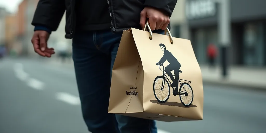 a person holding a bag with a picture of a man riding a bike on it and a sign that says uber, Dahlov