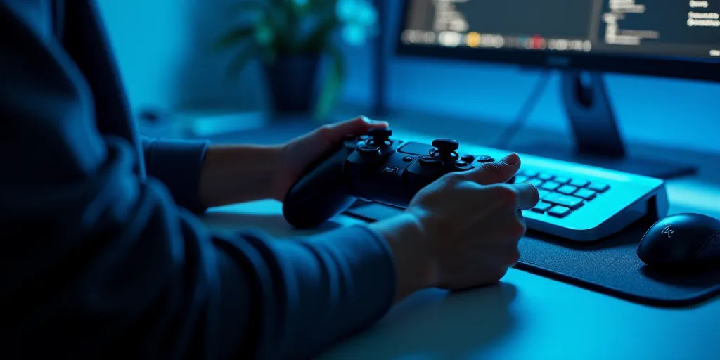 a person holding a black controller in front of a keyboard and a mouse on a desk with a blue backgro
