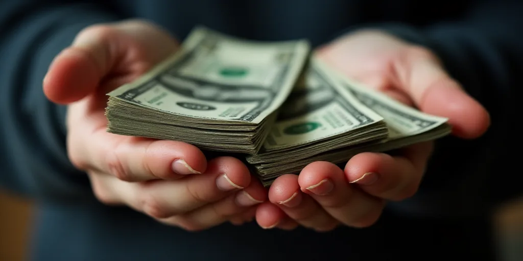 a person holding a bunch of money in their hands with both hands on top of each other and the other