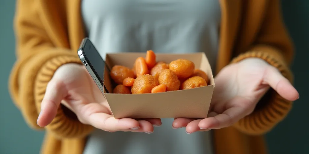 a person holding a cell phone and a carton of food in their hands with a carton of food in front of